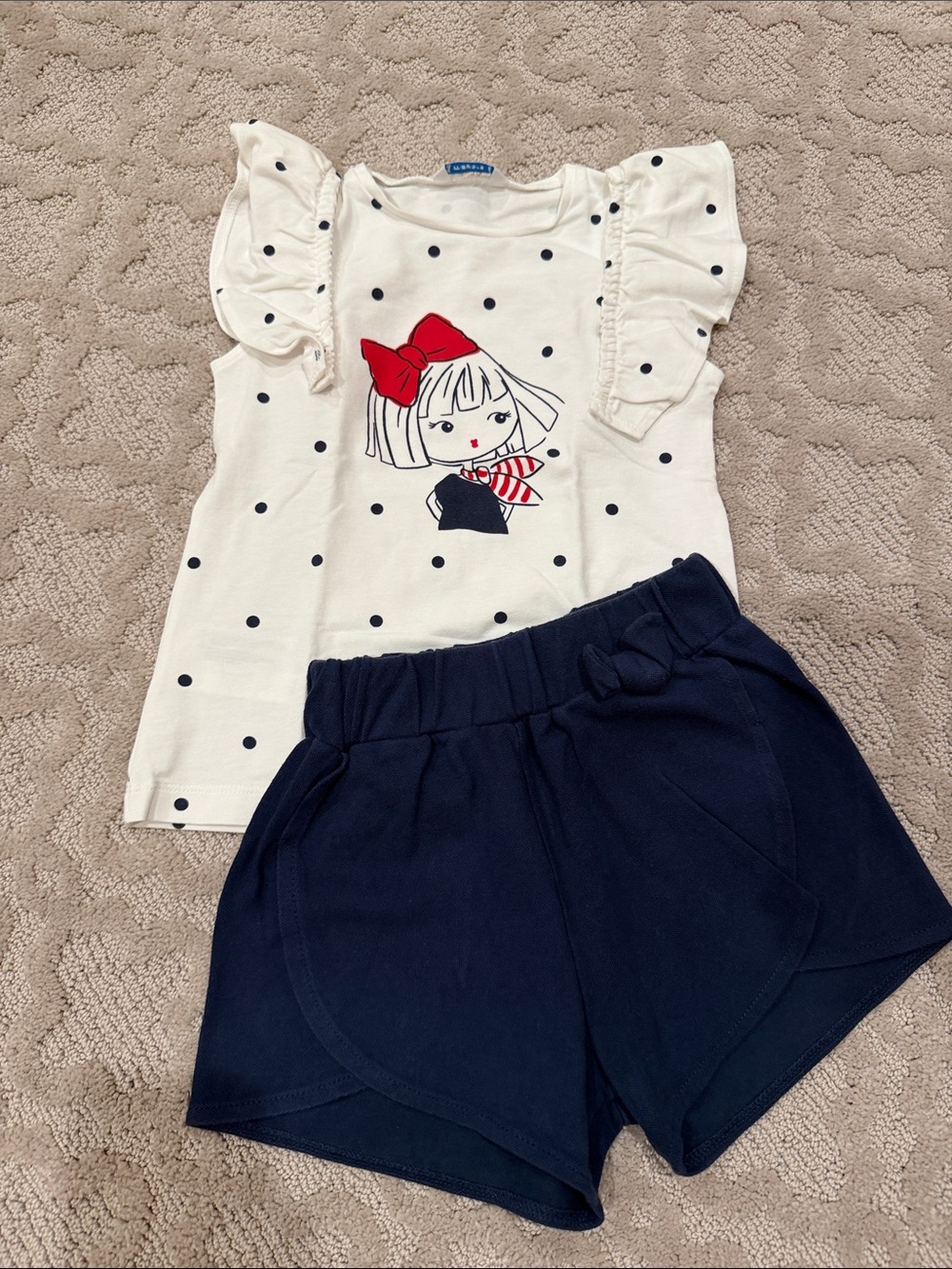 Mayoral White Polka Dot Top with Navy Shorts and Red Accent